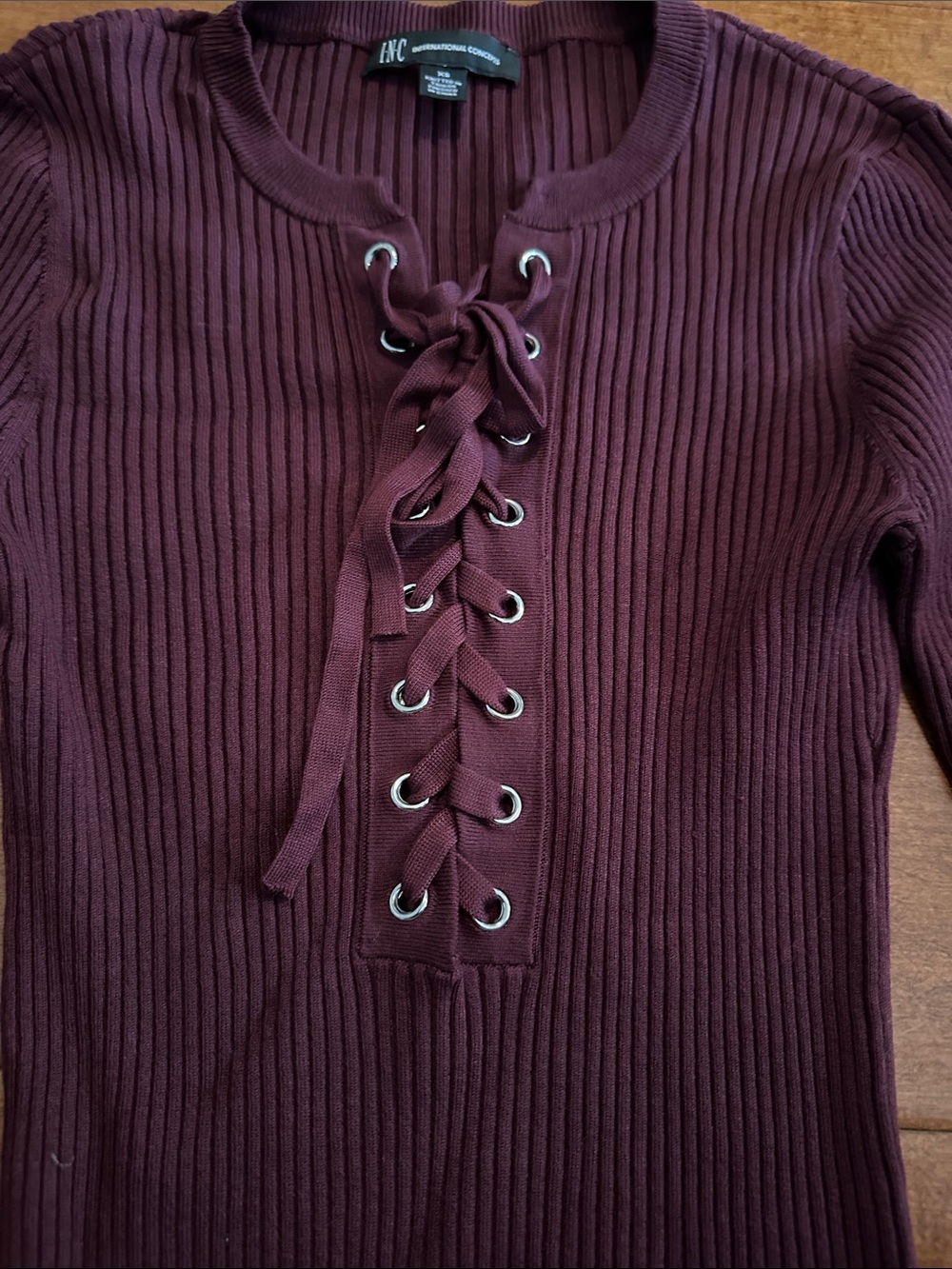 INC International Concepts Ribbed Lace-Up Pullover in Port Color - Picture 2 of 5